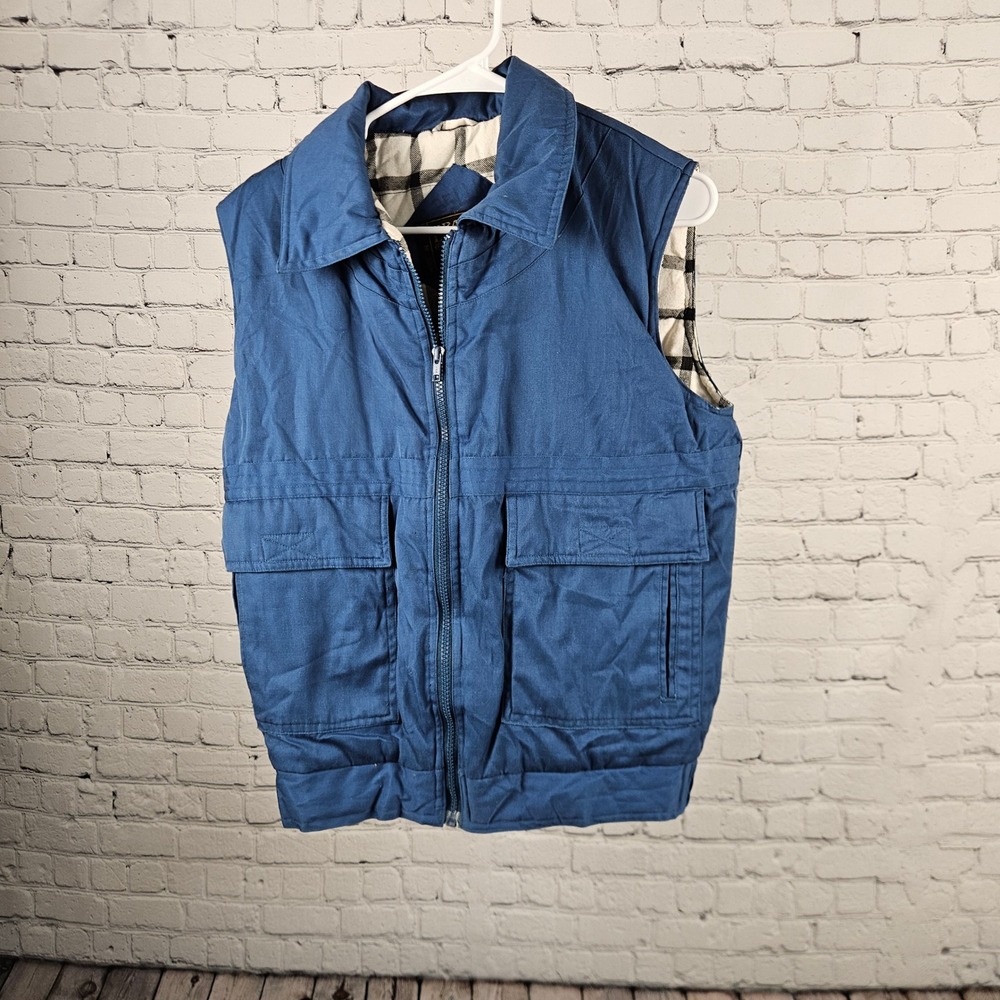 Vintage Branded Lion Blue Utility Vest Plaid Lined Cargo Pockets Small RN 54884